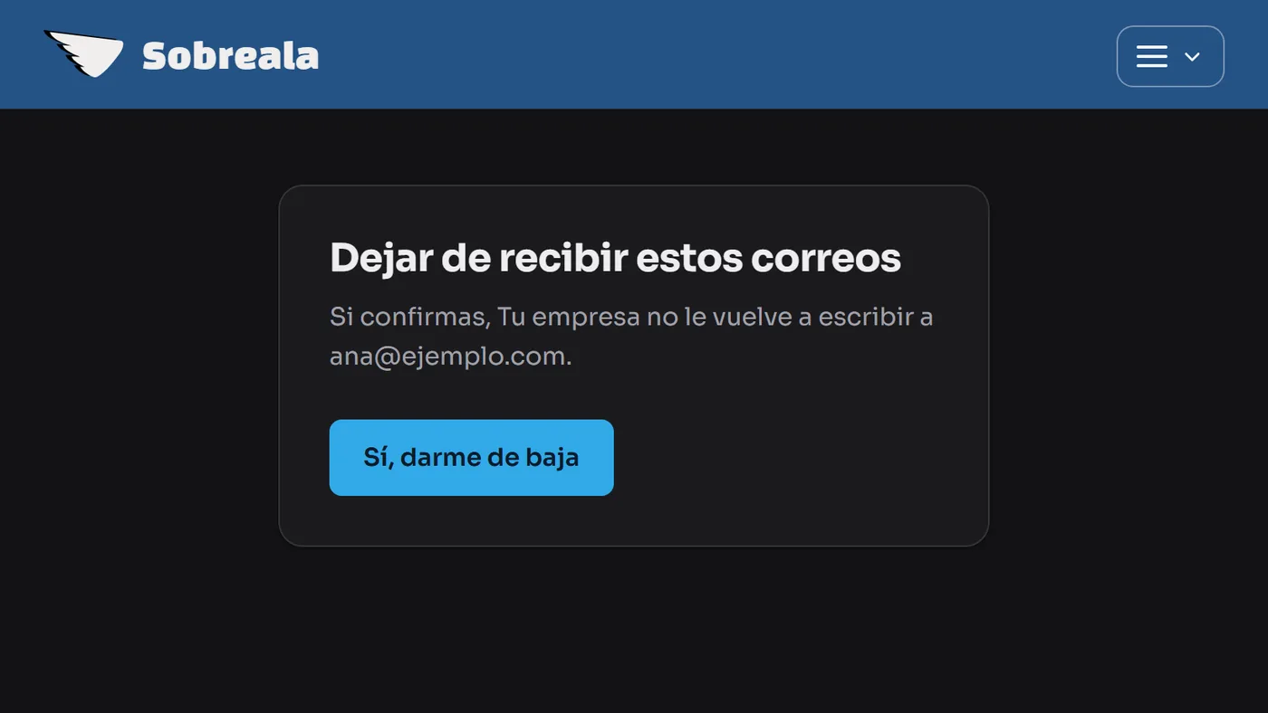 La pantalla que abre quien pulsa el enlace de baja, con el botón de dejar de recibir estos correos.