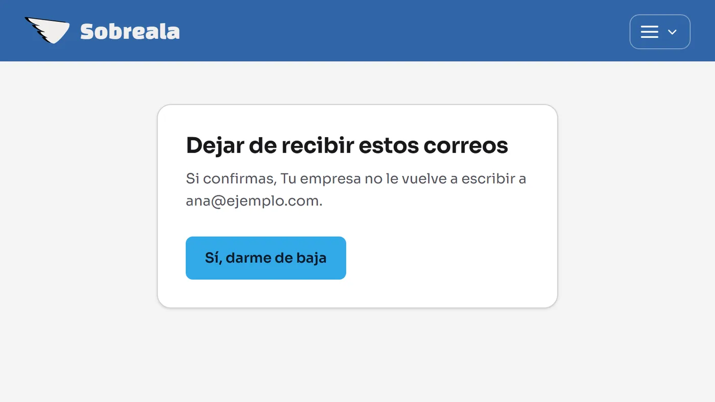 La pantalla que abre quien pulsa el enlace de baja, con el botón de dejar de recibir estos correos.