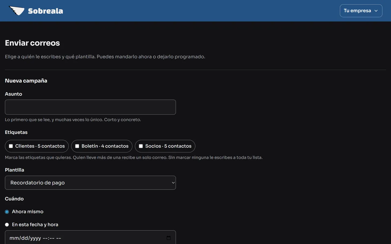 Pantalla del panel: Escribe el asunto
