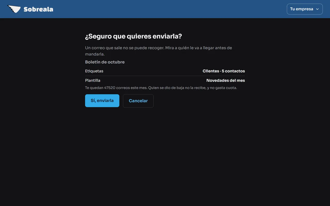 Pantalla del panel: Revisa y confirma