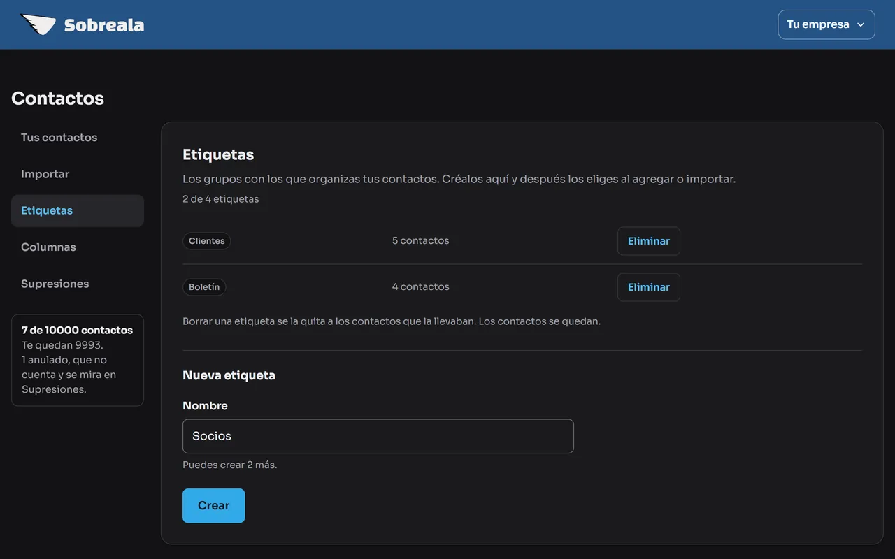 Pantalla del panel: Escribe el nombre y pulsa Crear