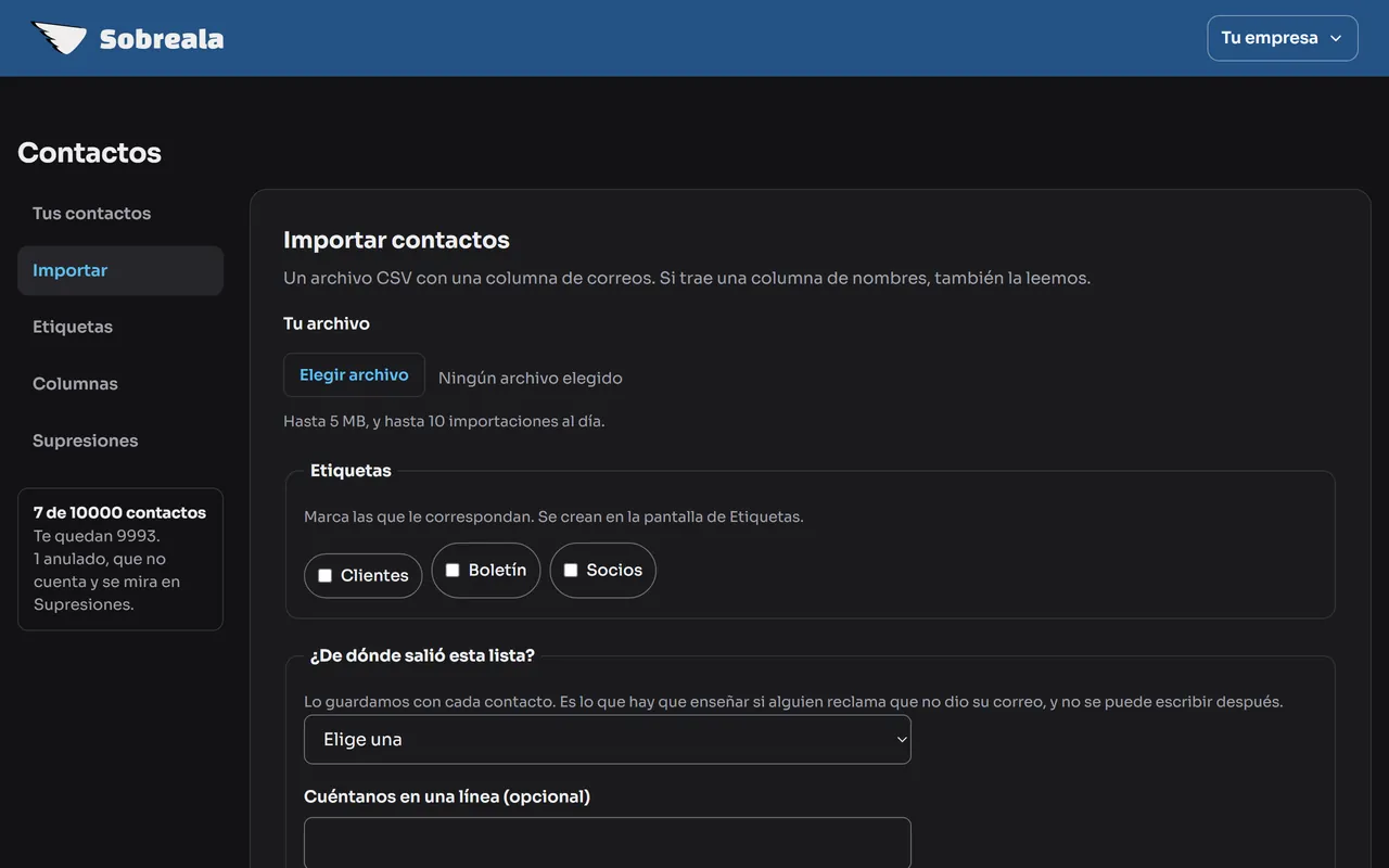 Pantalla del panel: Elige tu archivo