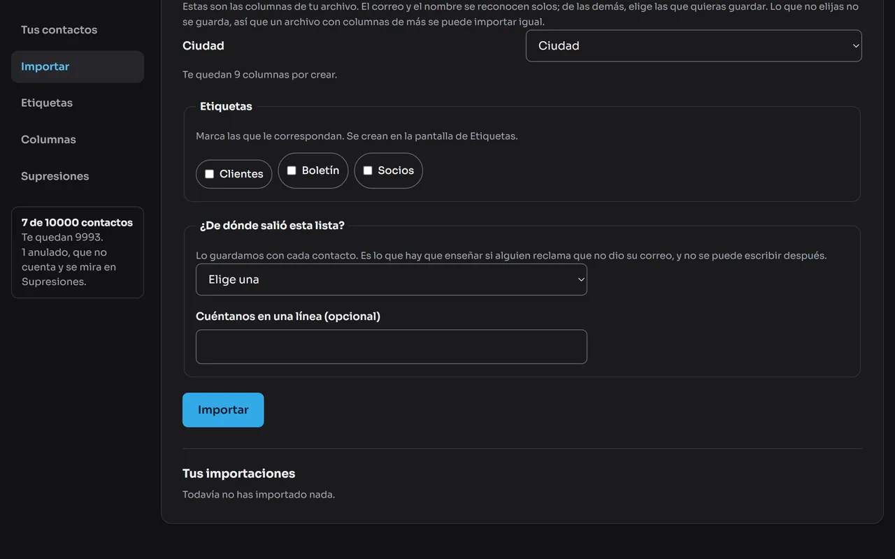 Pantalla del panel: Cuéntanos de dónde salió la lista