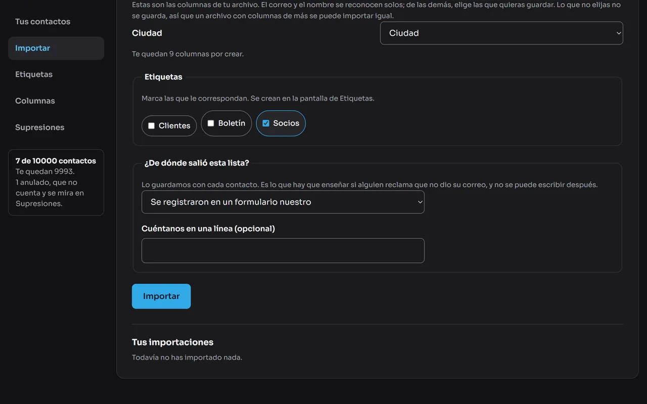 Pantalla del panel: Pulsa Importar