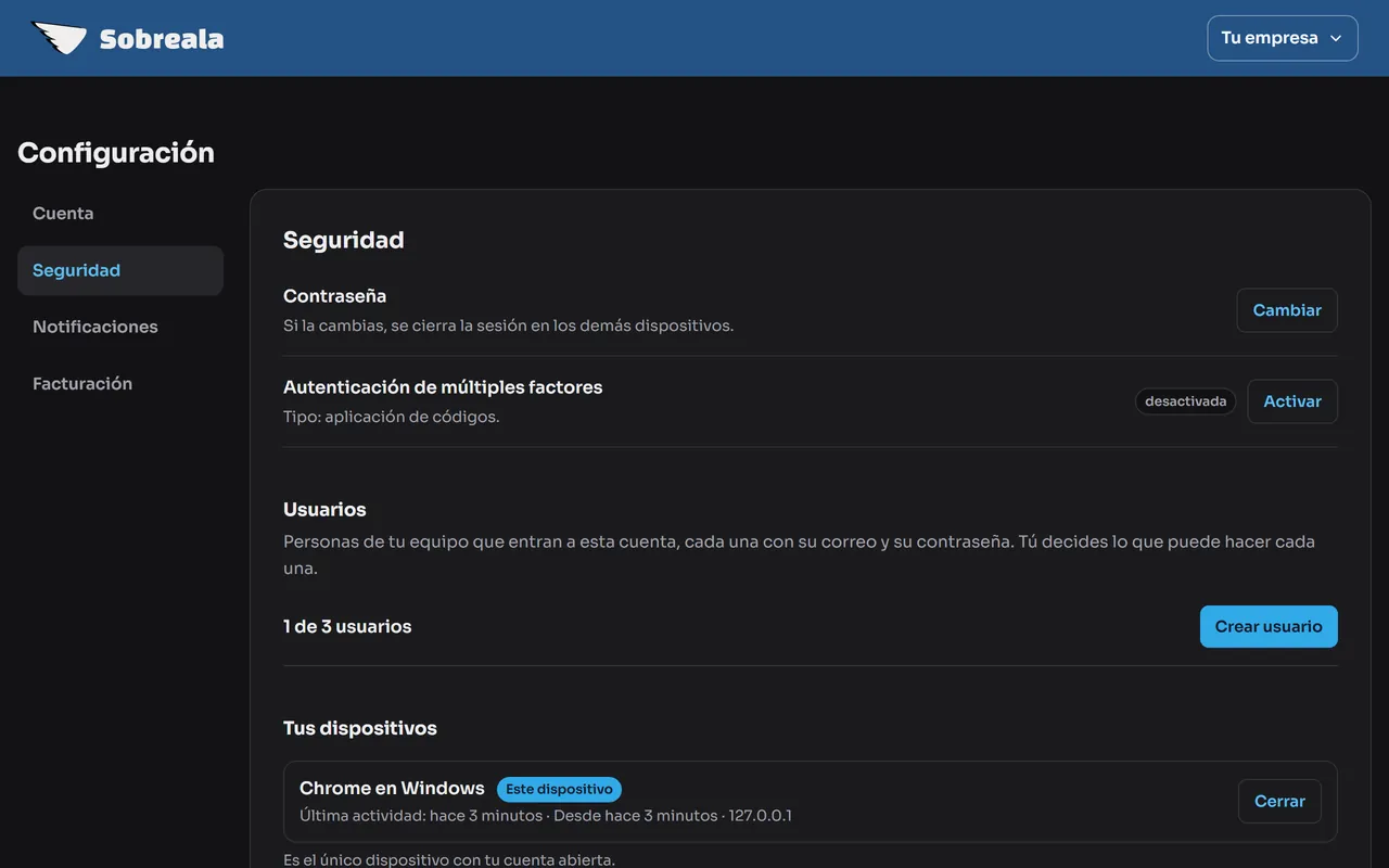 Pantalla del panel: Abre Facturación