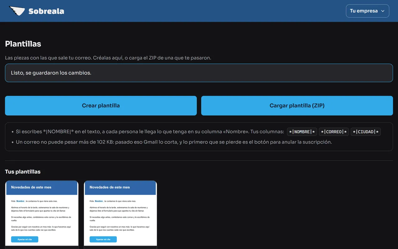 Pantalla del panel: Tu plantilla quedó guardada