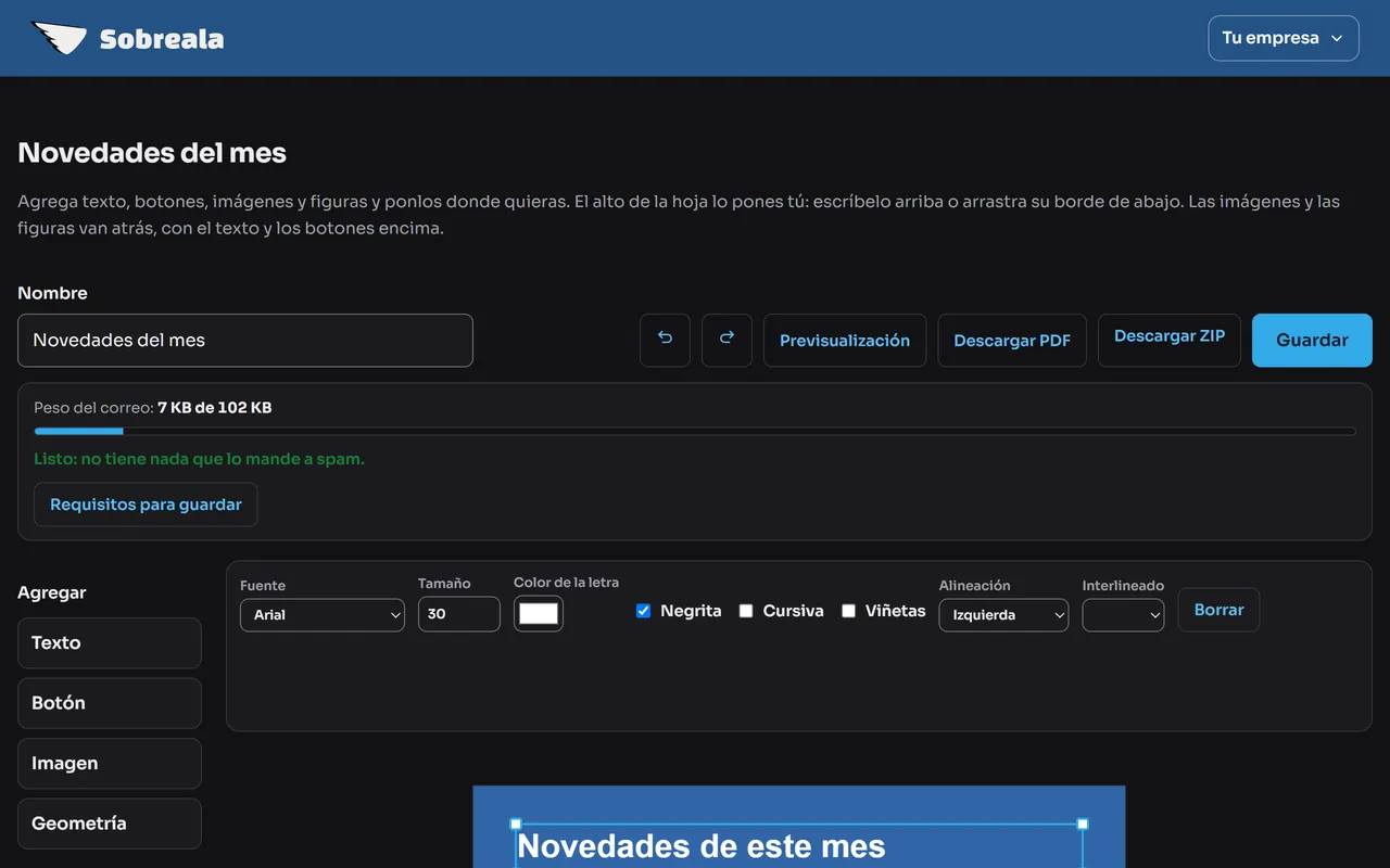 Pantalla del panel: Pulsa Previsualización