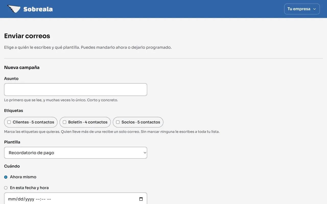 Pantalla del panel: Escribe el asunto