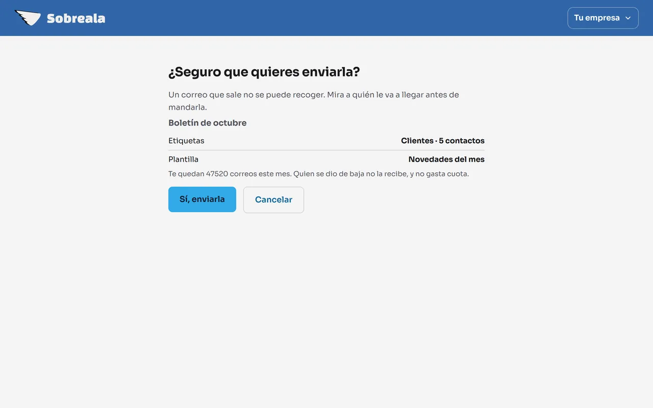 Pantalla del panel: Revisa y confirma