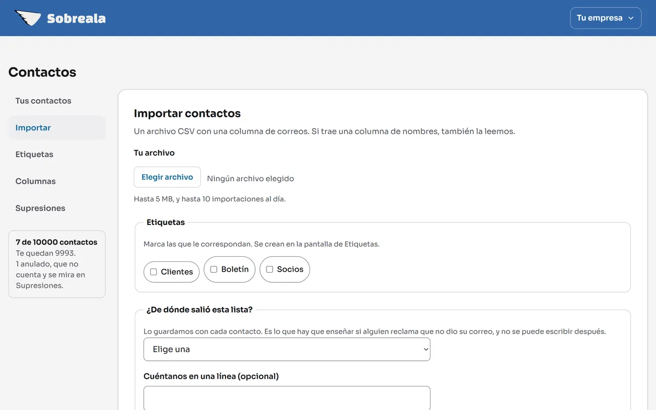 Pantalla del panel: Elige tu archivo