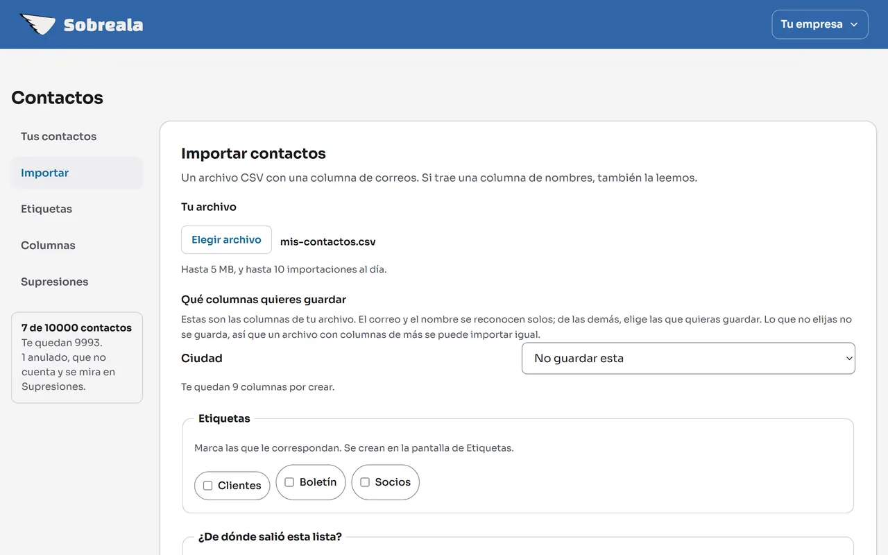Pantalla del panel: Di dónde va cada columna