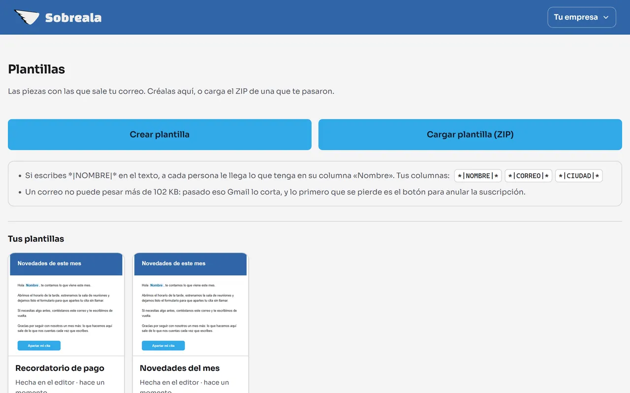 Pantalla del panel: Pulsa Crear plantilla